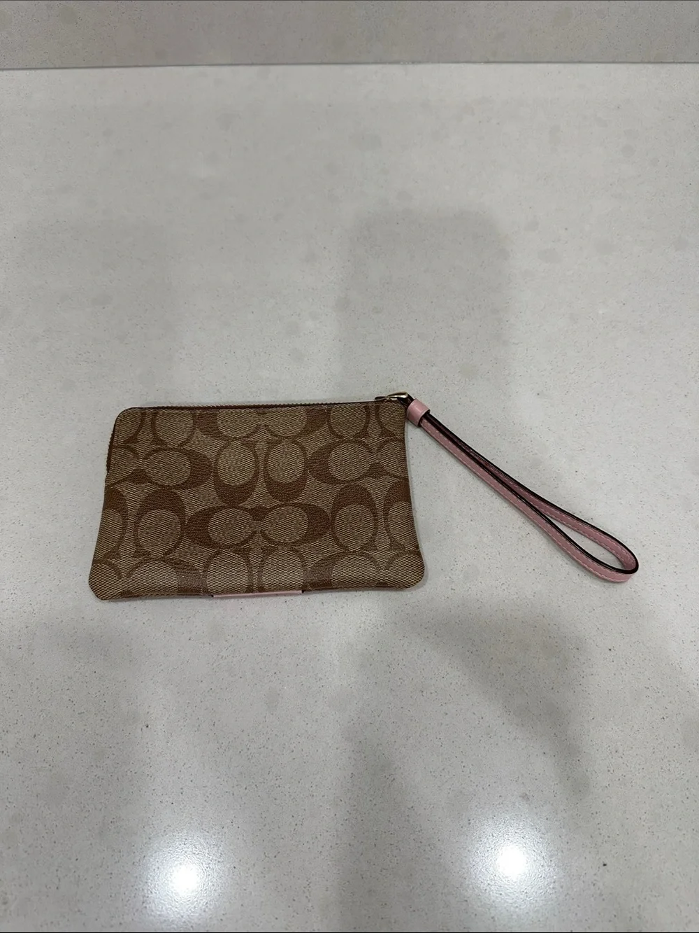 Coach Brown Signature Canvas Wristlet with Pink Stripe